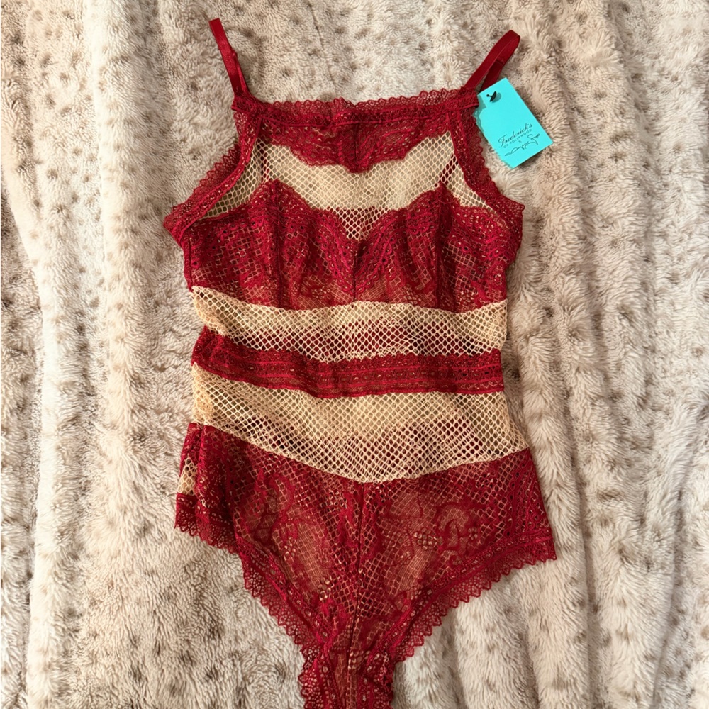 Red and tanLace Bodysuit